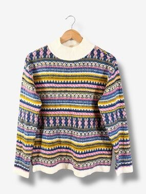 Talbots Fair Isle Sweater Size M Multicolor Mock Neck Pink Yellow Blue Casual